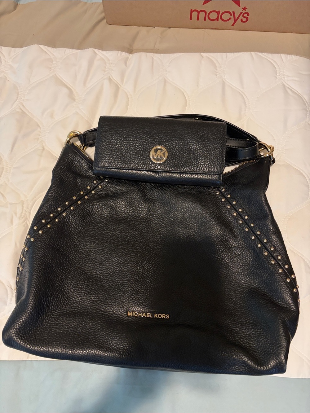 Michael Kors Studded Black Pebbled Leather Shoulder Bag w/ matching wallet